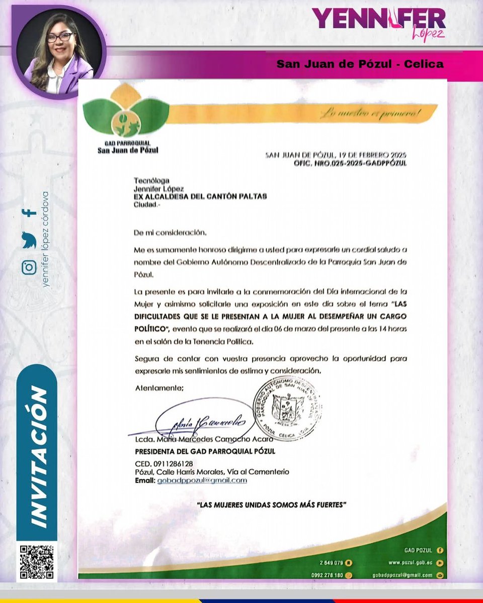 Quiero expresar mi más sincero agradecimiento a la Lcda. María Mercedes Camacho Acaro PRESIDENTA DEL GAD SAN JUAN DE PÓZUL por la amable invitación como ponente en la conmemoración del Día Internacional de la Mujer. 💜 

sites.google.com/view/yennifer-…