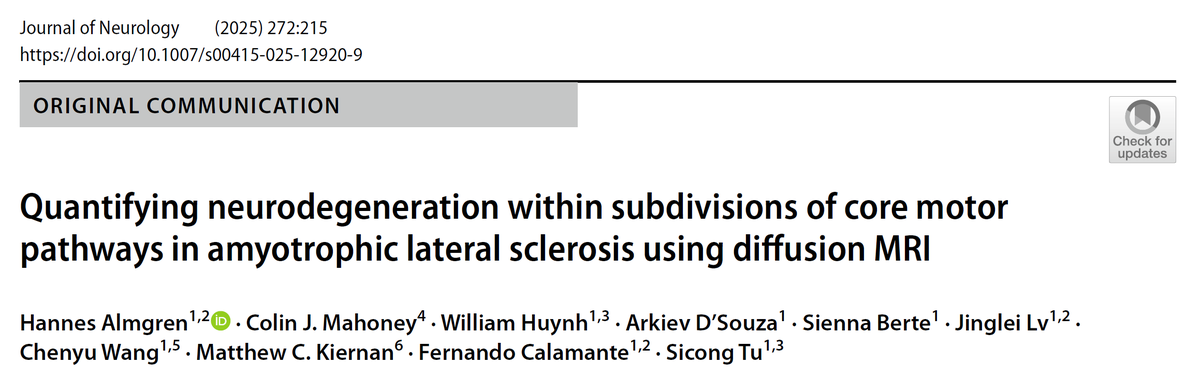 Using advanced diffusion MRI methods to characterise the subdivisions of the CST and CC in ALS, to establish disease profiles of neurodegeneration. Collaboration with <a href="/Sicong_T/">Sicong Tu</a> and the MND team, and work led by @Hannes_Almgren