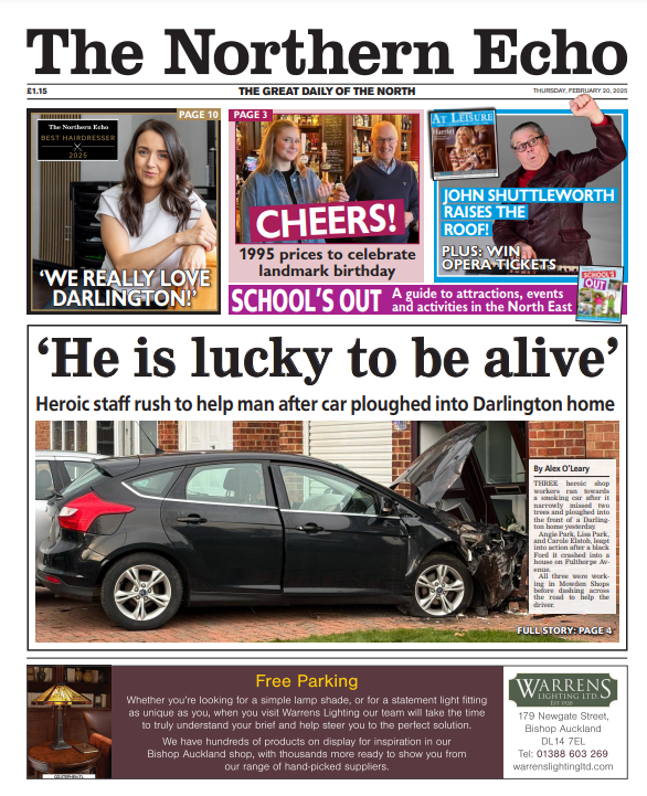 Nick Gullon (@echonickg) on Twitter photo Thursday's <a href="/TheNorthernEcho/">The Northern Echo</a> 🗞️
How three heroic shop workers darted towards a smoking car to rescue a driver after he narrowly missed two trees and ploughed into the front of a Darlington home
✍️<a href="/alexoljourno/">Alex O'Leary</a> Thursday's <a href="/TheNorthernEcho/">The Northern Echo</a> 🗞️
How three heroic shop workers darted towards a smoking car to rescue a driver after he narrowly missed two trees and ploughed into the front of a Darlington home
✍️<a href="/alexoljourno/">Alex O'Leary</a>