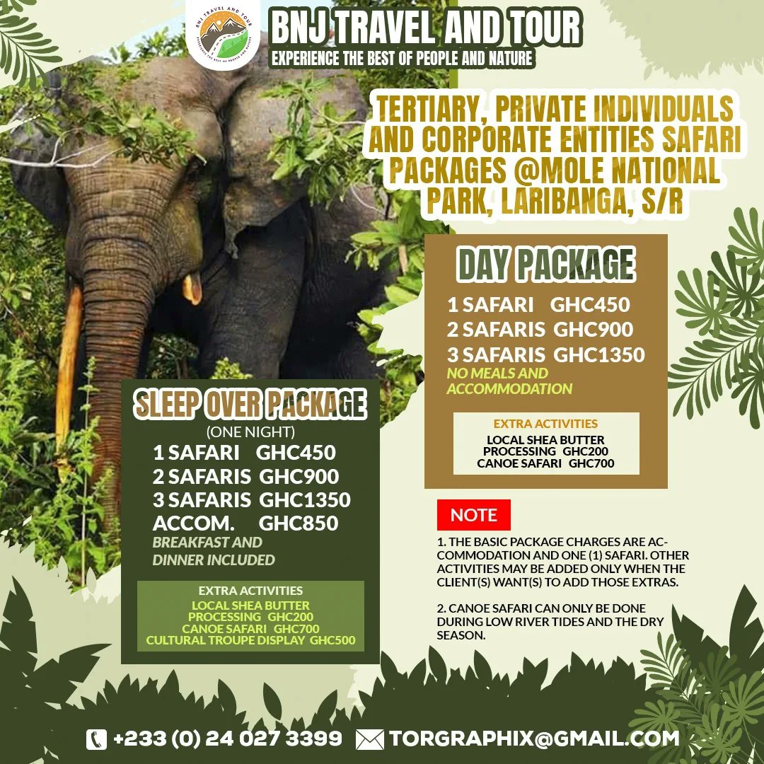 JobBoronsong's tweet photo. Get in touch with us for an unforgettable adventure in Ghana's premier wildlife reserve! Spot elephants, antelopes, baboons and more in their natural habitat. Check the flyers for juicy and affordable packages. https://t.co/zn8gsNLQho