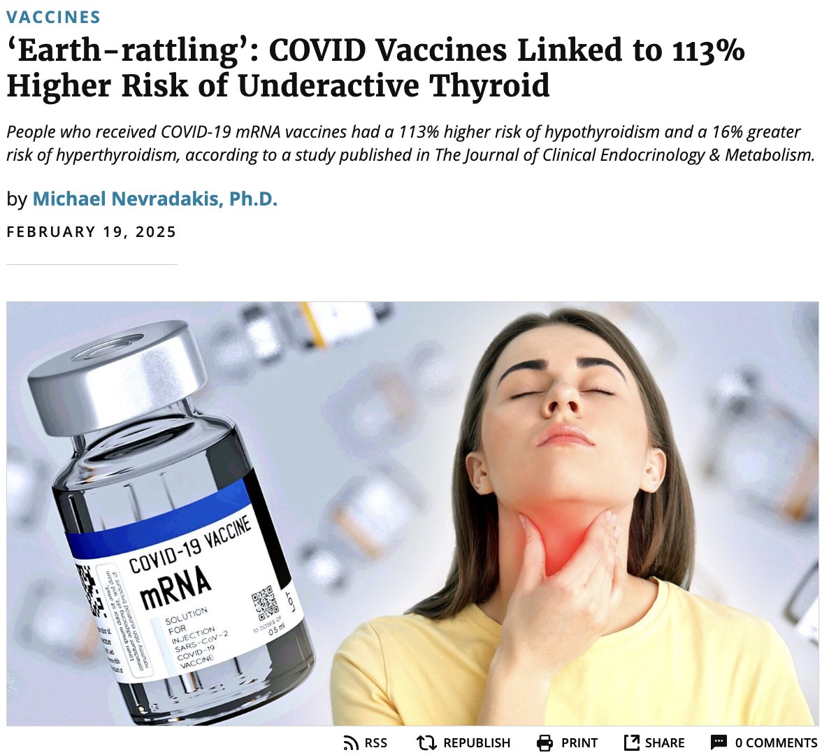 McCulloughFund's tweet photo. COVID-19 mRNA Injections Linked to 113% Higher Risk of Hypothyroidism

Epidemiologist @NicHulscher said the results of the new study raise “serious concerns” about the safety of mRNA shots and confirm the growing number of studies linking the products to serious adverse events and death.

Hulscher suggested that the new leadership of the U.S. Department of Health and Human Services (HHS) “should initiate more large-scale studies comparing vaccinated and unvaccinated populations to identify other serious long-term health risks.”

https://t.co/ZqL2tTst5M
@ChildrensHD 

#MFScholar