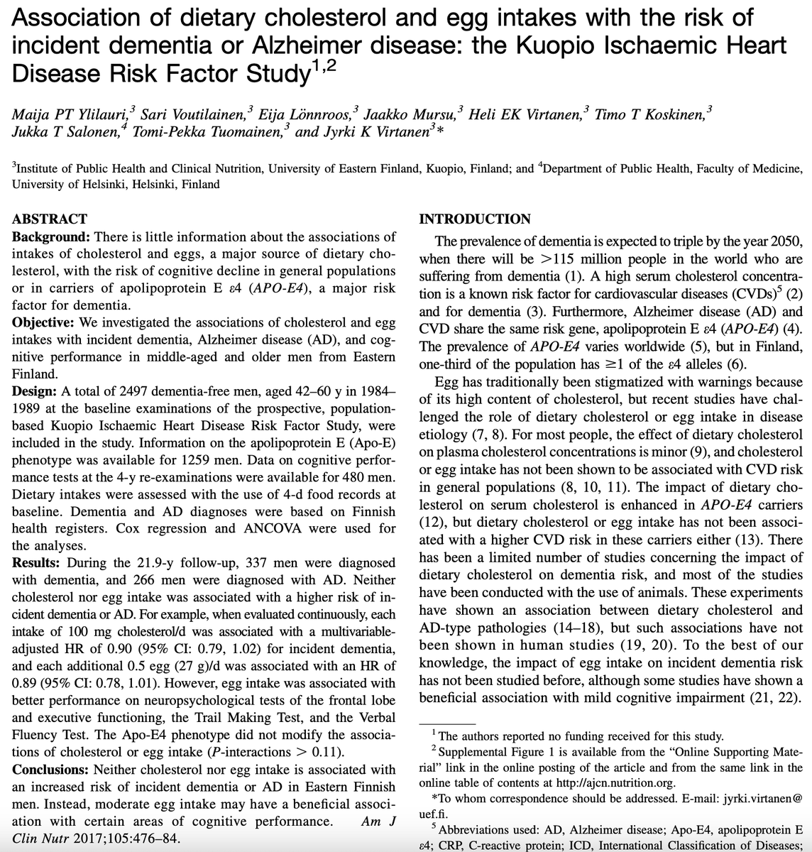 Outdoctrination's tweet photo. Eating eggs decreases risk of Alzheimer's.

◇ Every half egg cut risk by 10%
◇ Every 100 mg of cholesterol did the same

Eggs provide phosphatidylcholine - which:

◇ Supports mitochondrial function
◇ Serve as precursor to acetylcholine - often low in Alzheimer's