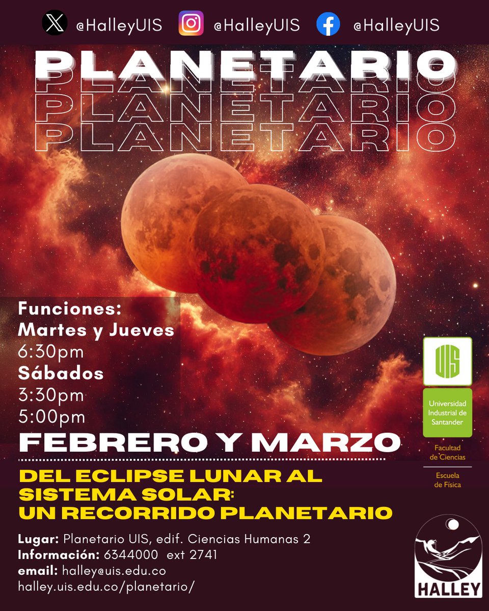 ¡El Planetario Halley UIS reabre este sábado 22 de febrero con una función especial! 

📅 Mar. y jue. 6:30 p.m. | Sáb. 3:30 p.m. y 5:00 p.m.
🎟️ General: $14.900 | UIS: $9.000 | Estudiantes de colegios públicos: $5.300

📞 6344000 ext. 2741
🌐 halley.uis.edu.co/planetario
