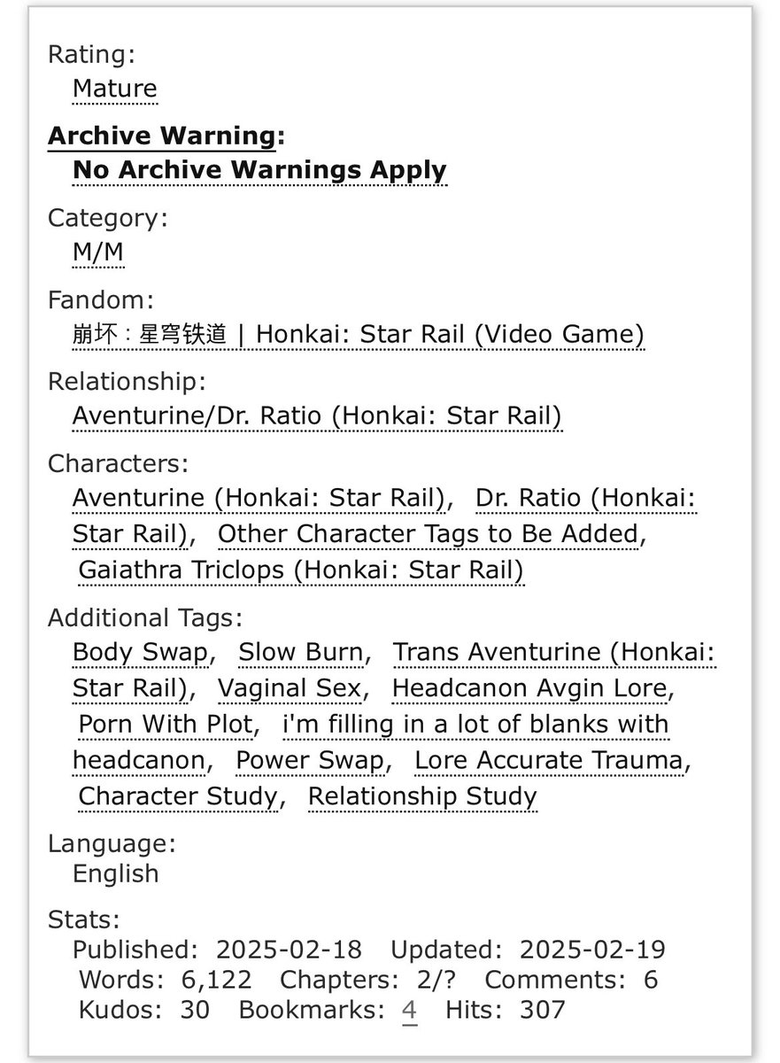 hey. idk who cares but ya girl did a fanfiction! yippee! i got so excited i posted two chapters in as many days!

dr. ratio/aventurine body swap au (ratiorine) featuring trans aventurine

archiveofourown.org/works/63202501