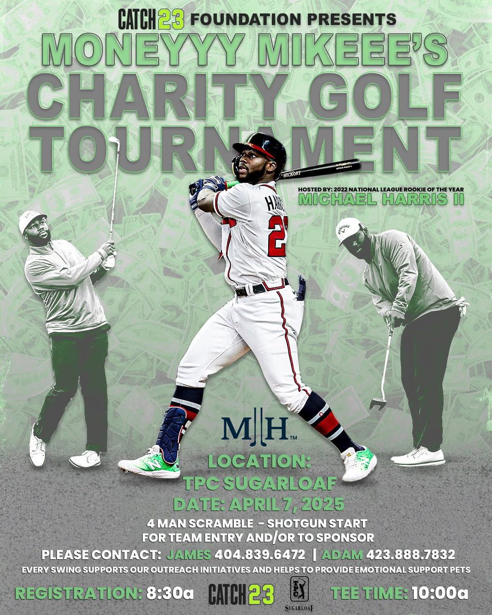 Join us April 7th at TPC Sugarloaf for the Catch 23 Charity Golf Tournament, hosted by Braves CF &amp; 2022 NL Rookie of the Year, Michael Harris II! Every swing supports our outreach &amp; helps provide emotional support pets.

Stay tuned for registration! #Catch23Golf2025 #GolfForGood