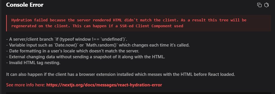 gaurav07c's tweet image. Hi devs! 👋 Having a Next.js hydration error: &quot;Hydration failed because server-rendered HTML didn&apos;t match the client.&quot;

Verified Math.random(), Date.now(), and client checks—still stuck! 😩 Any advice? 🙏 #NextJS #React #WebDev