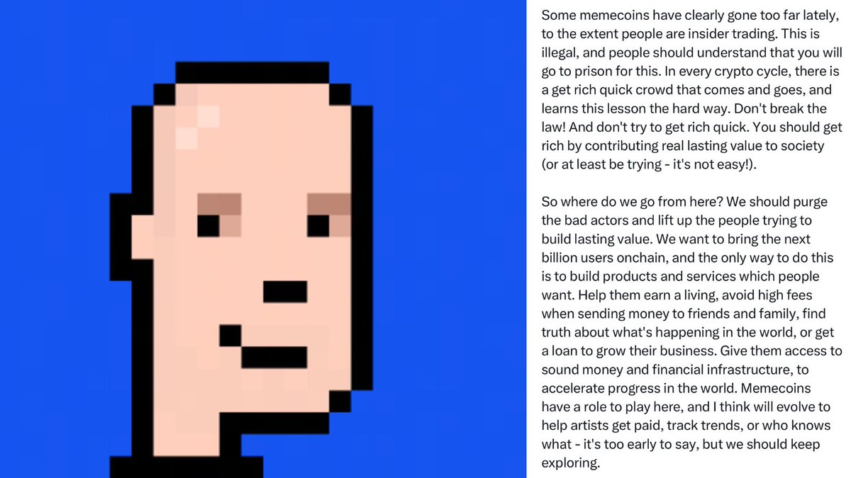 DegenerateNews's tweet image. NEW: @coinbase CEO @brian_armstrong SAYS “SOME MEMECOINS HAVE CLEARLY GONE TOO FAR LATELY, TO THE EXTENT PEOPLE ARE INSIDER TRADING. THIS IS ILLEGAL, AND PEOPLE SHOULD UNDERSTAND THAT YOU WILL GO TO PRISON FOR THIS”