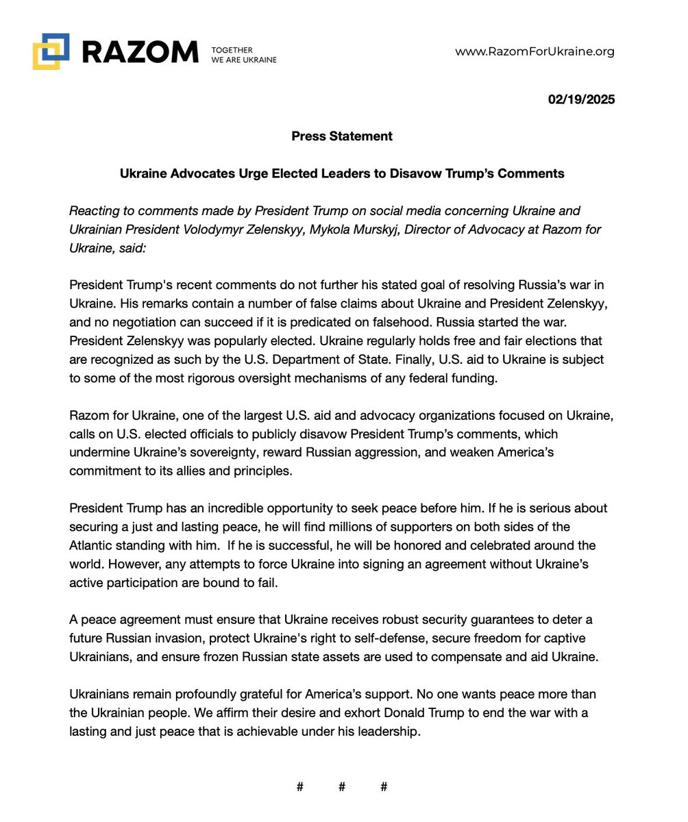 Razom for Ukraine 🇺🇸🤝🇺🇦 (@razomforukraine) on Twitter photo What <a href="/POTUS/">President Donald J. Trump</a> said undermined Ukraine's sovereignty, rewarded Russian aggression, and weakened America's commitment to its allies and principles. We urge all elected officials to disavow these comments and #StandWithUkraine.
Call your representative today👉votervoice.net/RAZOMFORUKRAIN… What <a href="/POTUS/">President Donald J. Trump</a> said undermined Ukraine's sovereignty, rewarded Russian aggression, and weakened America's commitment to its allies and principles. We urge all elected officials to disavow these comments and #StandWithUkraine.
Call your representative today👉votervoice.net/RAZOMFORUKRAIN…