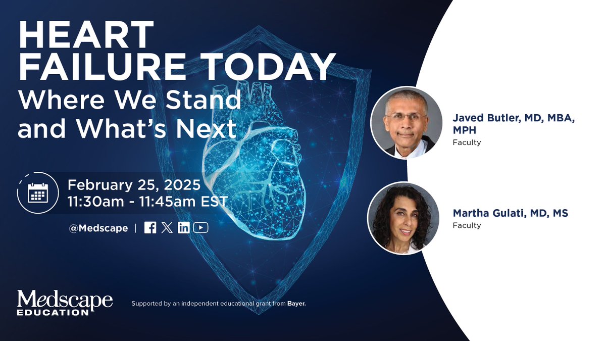 theheartorg | Medscape (@theheartorg) on Twitter photo Evaluate emerging treatment strategies and new therapeutic options to improve management of care for patients w/ heart failure. WATCH LIVE w/ the incomparable <a href="/DrMarthaGulati/">Dr. Martha Gulati ♥️🫀❤️🩹🇨🇦</a> <a href="/JavedButler1/">Javed Butler</a> on Feb 24!
SAVE THE DATE ➡️ ms.spr.ly/6016UUGCC Evaluate emerging treatment strategies and new therapeutic options to improve management of care for patients w/ heart failure. WATCH LIVE w/ the incomparable <a href="/DrMarthaGulati/">Dr. Martha Gulati ♥️🫀❤️🩹🇨🇦</a> <a href="/JavedButler1/">Javed Butler</a> on Feb 24!
SAVE THE DATE ➡️ ms.spr.ly/6016UUGCC