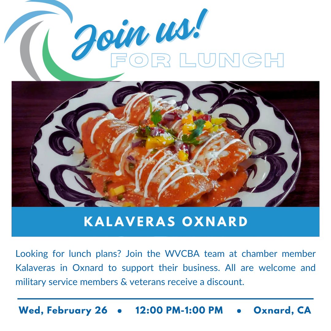 Next Wednesday, the WVCBA team will be having a staff lunch at chamber member #Kalaveras in #Oxnard and we'd love for you to #JoinUs! Help us support the business community while enjoying delicious burritos, tacos, or enchiladas. More info below. 

tinyurl.com/3k9f68cb