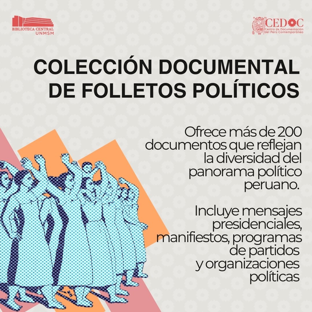 cedoc_unmsm's tweet image. 📣YA DISPONIBLE LA COLECCIÓN DOCUMENTAL DE FOLLETOS POLÍTICOS

🖥️Visita la Colección en la página web del CEDOC: cedoc.sisbib.unmsm.edu.pe/biblioteca-dig…

🔴 Síguenos en nuestras redes sociales para estar a tanto de más publicaciones del siglo XX peruano.