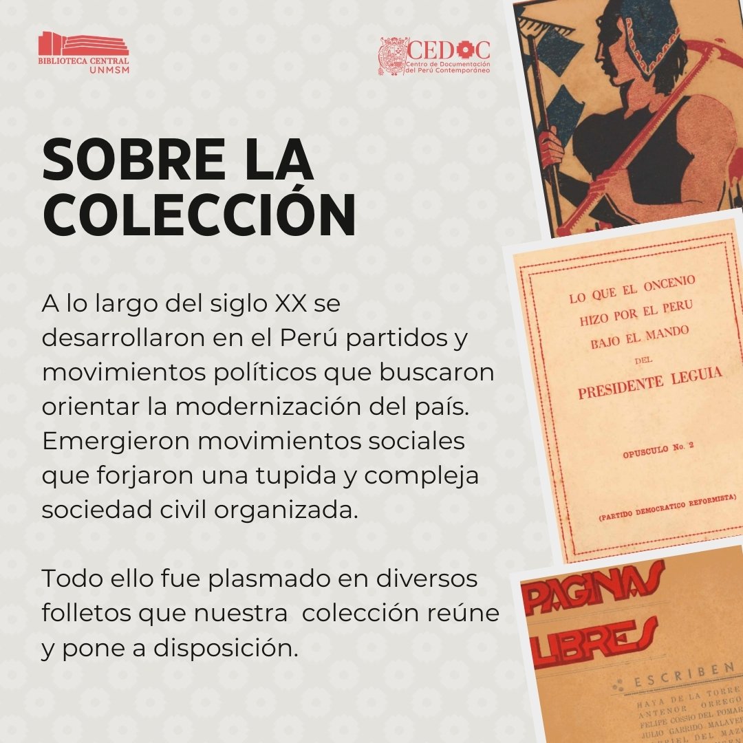 cedoc_unmsm's tweet image. 📣YA DISPONIBLE LA COLECCIÓN DOCUMENTAL DE FOLLETOS POLÍTICOS

🖥️Visita la Colección en la página web del CEDOC: cedoc.sisbib.unmsm.edu.pe/biblioteca-dig…

🔴 Síguenos en nuestras redes sociales para estar a tanto de más publicaciones del siglo XX peruano.