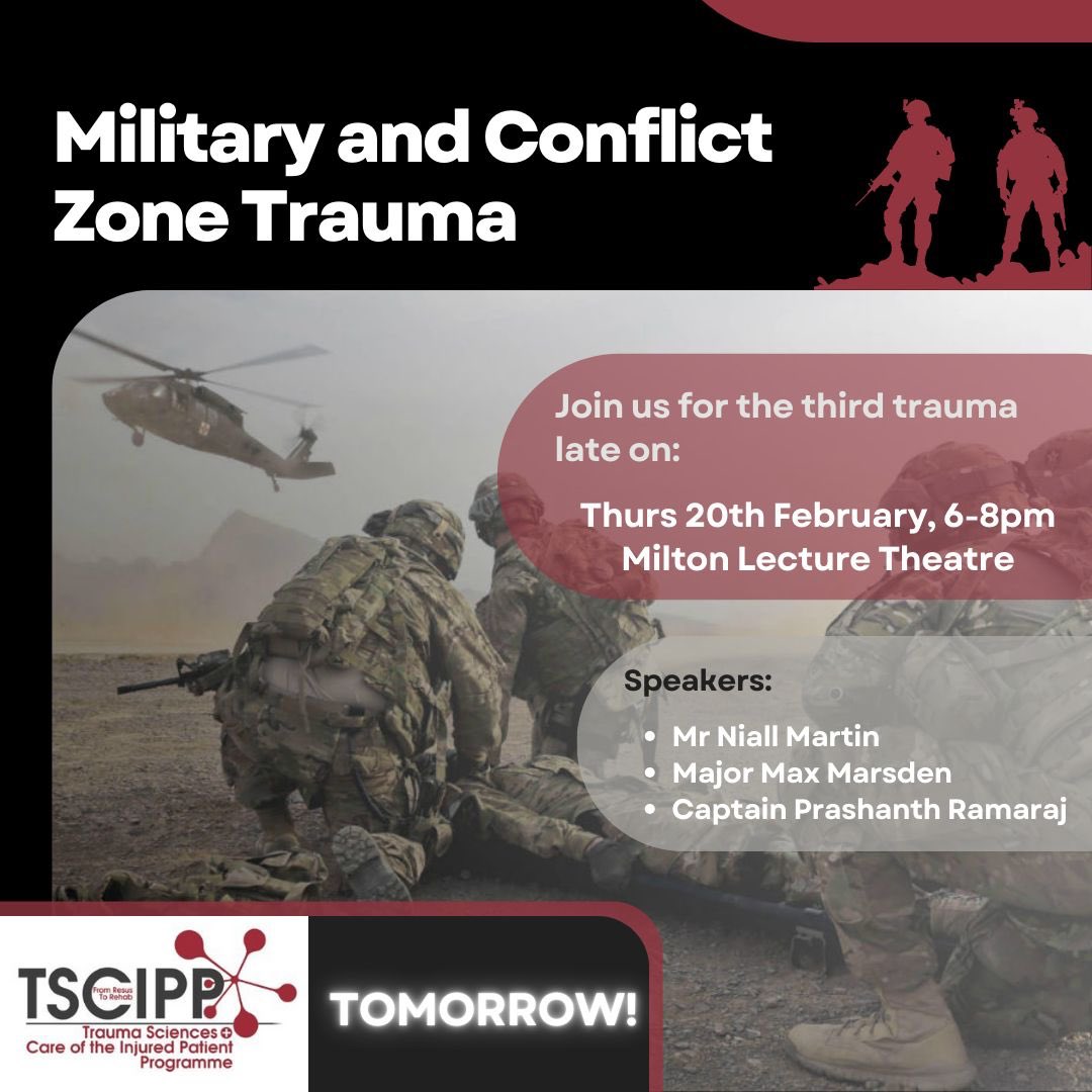 A reminder for our talks on Military and Conflict Zone Trauma tomorrow from 6-8pm!

For more on the speakers:
x.com/tscipp/status/…