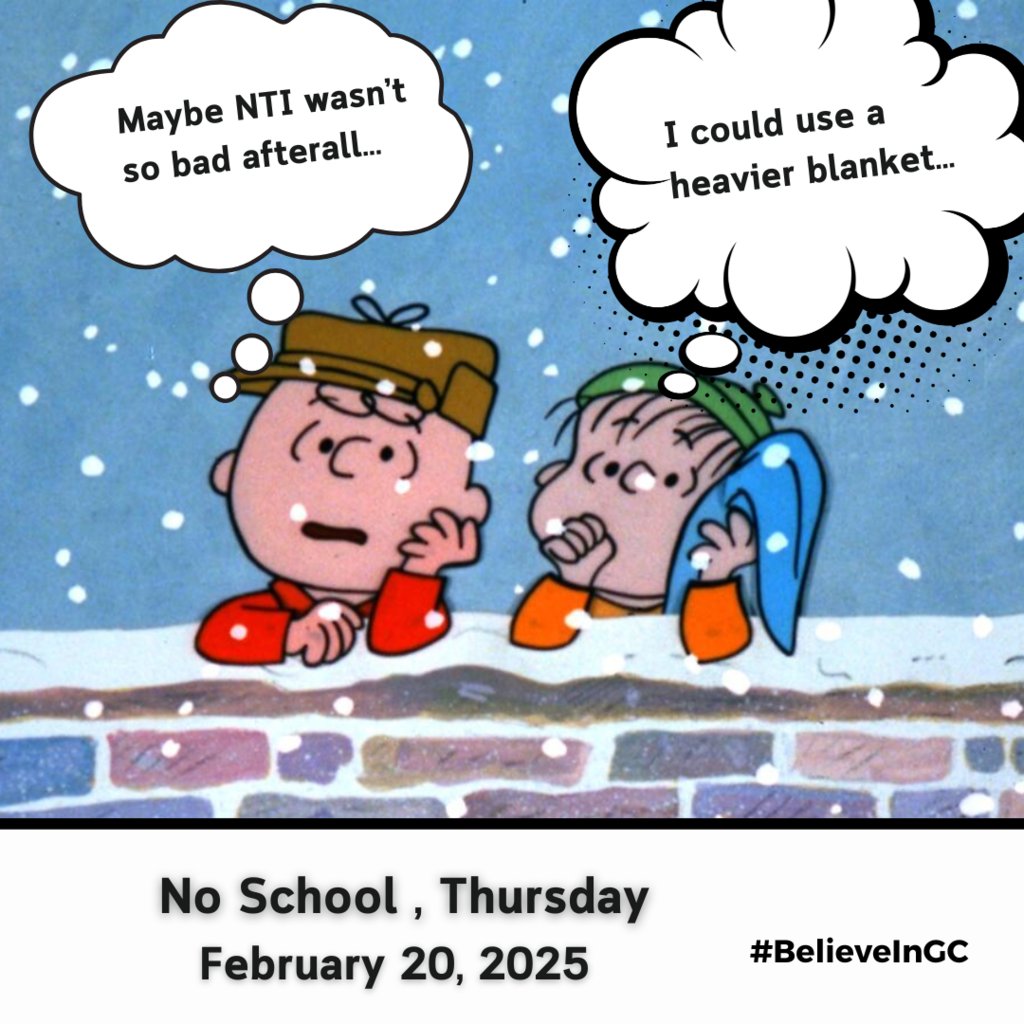 Musketeers, many areas still have icy roads that are not ready for school buses or student drivers.  The forecast shows another round of snow this evening.  Please stay safe and warm.  #BelieveInGC