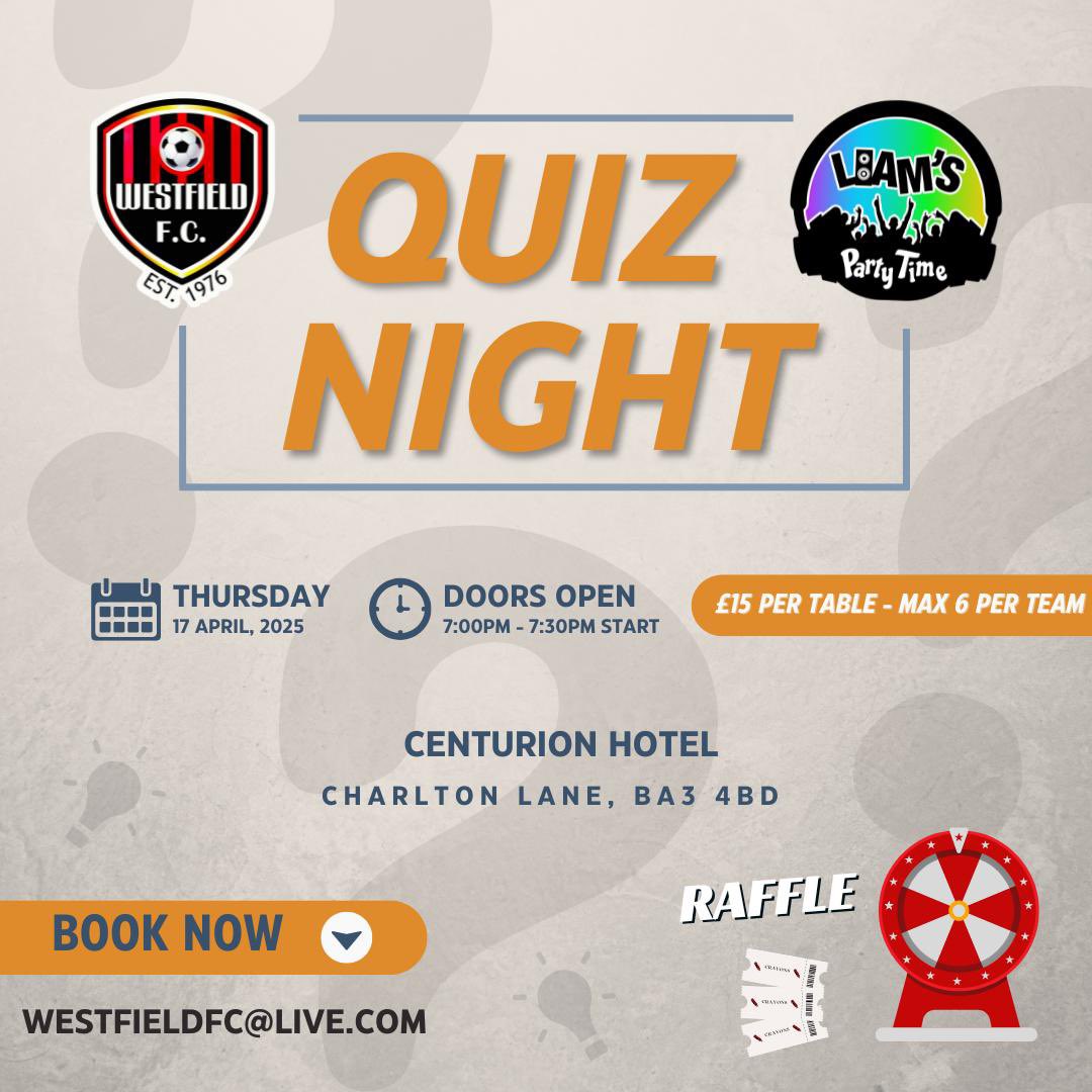 πππππππππΏ ππΎ (@westfieldfc) on Twitter photo π€¨π€βοΈ | ππππ πππππ
Get ready for another epic night of trivia, laughs, and friendly competition!
π Centurion Hotel
π 17 April 2025
π§βπ§βπ§ Max of 6 per team
π΅ Prizes up for grabs!
π§ WestfieldFC@live.com to book your place π€π π€¨π€βοΈ | ππππ πππππ
Get ready for another epic night of trivia, laughs, and friendly competition!
π Centurion Hotel
π 17 April 2025
π§βπ§βπ§ Max of 6 per team
π΅ Prizes up for grabs!
π§ WestfieldFC@live.com to book your place π€π