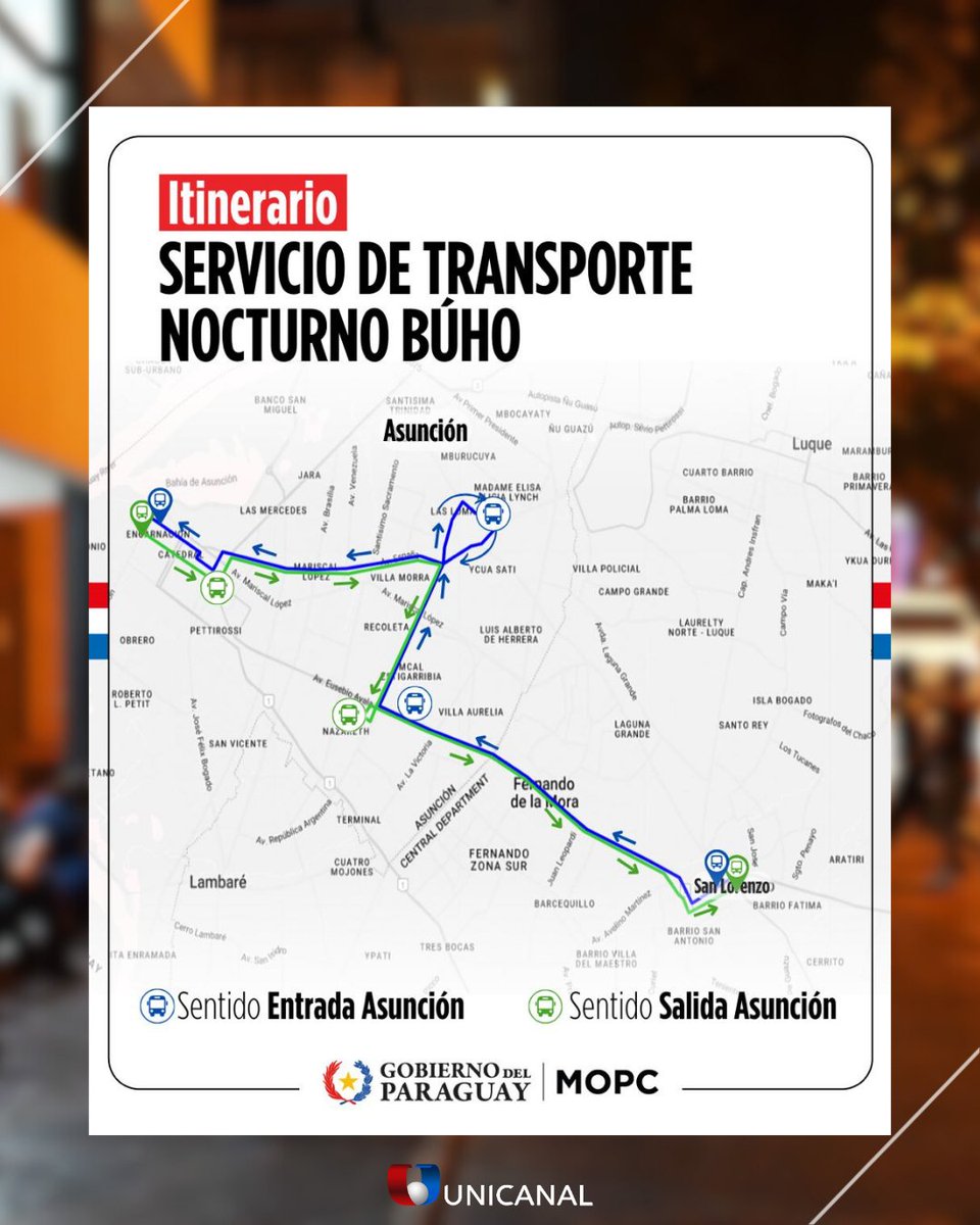 ¡Búho desde este viernes! 🦉🚍

🚌 El servicio de transporte nocturno Búho comenzará a operar este viernes 21 de febrero.

📌 Inicialmente, contará con siete buses de la Línea 11 y cubrirá Asunción y San Lorenzo.

⌚ Funcionará de 22:00 a 04:00 con una frecuencia de 30 minutos