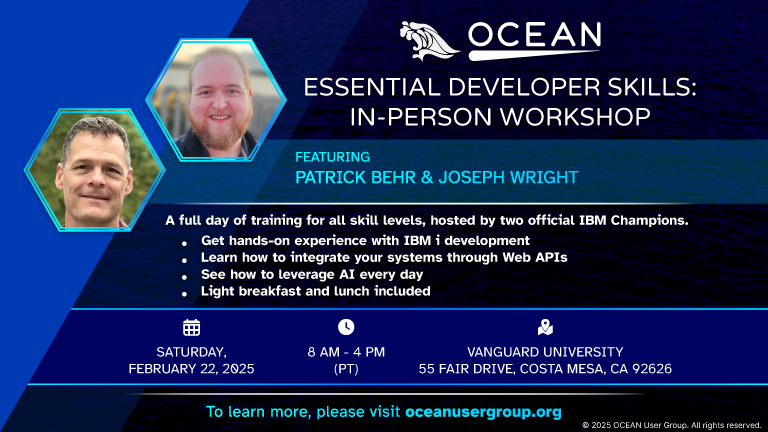 Join us for a workshop this Saturday!  #IBMChampions <a href="/P_Behr/">Patrick Behr</a> &amp; <a href="/Wright4i/">Joseph Wright</a> will guide you in creating Powerful #APIs to unlock your #IBMi data &amp; logic! You will write code on your own laptop &amp; leave with working examples! Details: oceanusergroup.org #Python #PHP #AI #IWS #RPG