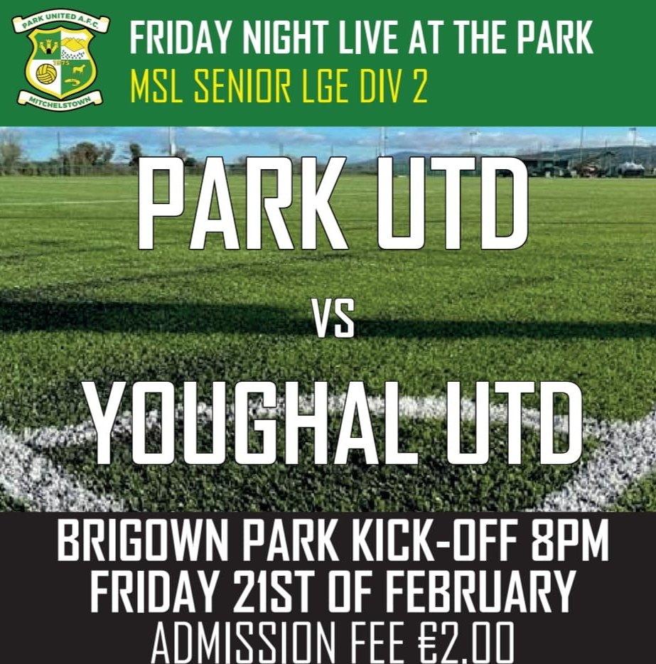 Park United F.C. (@parkunitedcork) on Twitter photo Park United Seniors will be looking to make it back to back wins when they welcome <a href="/yunitedafc/">Youghal United AFC</a> to Brigown Park on Friday night. Kick off is 8pm and all support would be greatly appreciated. Park United Seniors will be looking to make it back to back wins when they welcome <a href="/yunitedafc/">Youghal United AFC</a> to Brigown Park on Friday night. Kick off is 8pm and all support would be greatly appreciated.