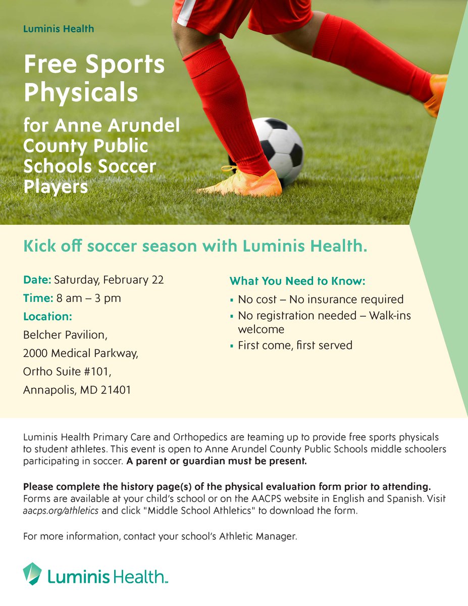 AACPS (@aacountyschools) on Twitter photo A vibrant new era of middle school sports will kick off this spring! To help the program and students put their best foot forward, <a href="/LuminisHealth/">Luminis Health</a> is offering FREE sports physicals this Saturday! Visit aacps.org/athletics - Middle School Athletics to complete the forms. A vibrant new era of middle school sports will kick off this spring! To help the program and students put their best foot forward, <a href="/LuminisHealth/">Luminis Health</a> is offering FREE sports physicals this Saturday! Visit aacps.org/athletics - Middle School Athletics to complete the forms.