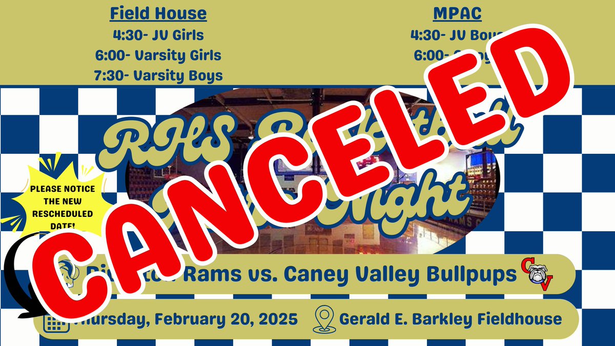 HS Basketball on Thursday 2/20 vs. Caney Valley has been CANCELED and WILL NOT be made up! psqr.io/aI3jdPS5RB via <a href="/ParentSquare/">ParentSquare</a>