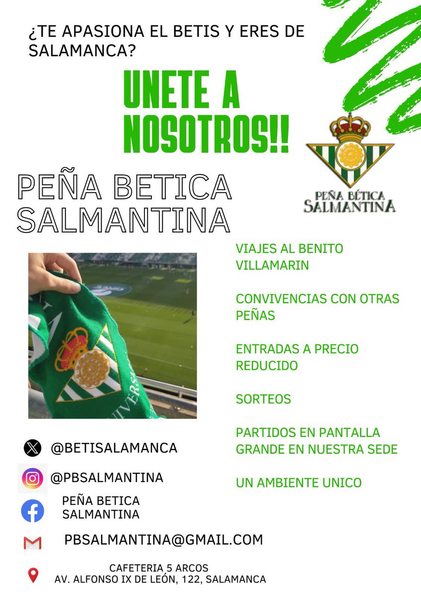 ¡Béticos de Salamanca, uníos! 🇳🇬 Viajes a precios increíbles al Benito Villamarín, convivencia con otras peñas, entradas a precio reducido, sorteos, partidos en pantalla grande y un ambiente único. ¡Únete a la Peña Bética Salmantina y vive tu pasión por el Betis!
