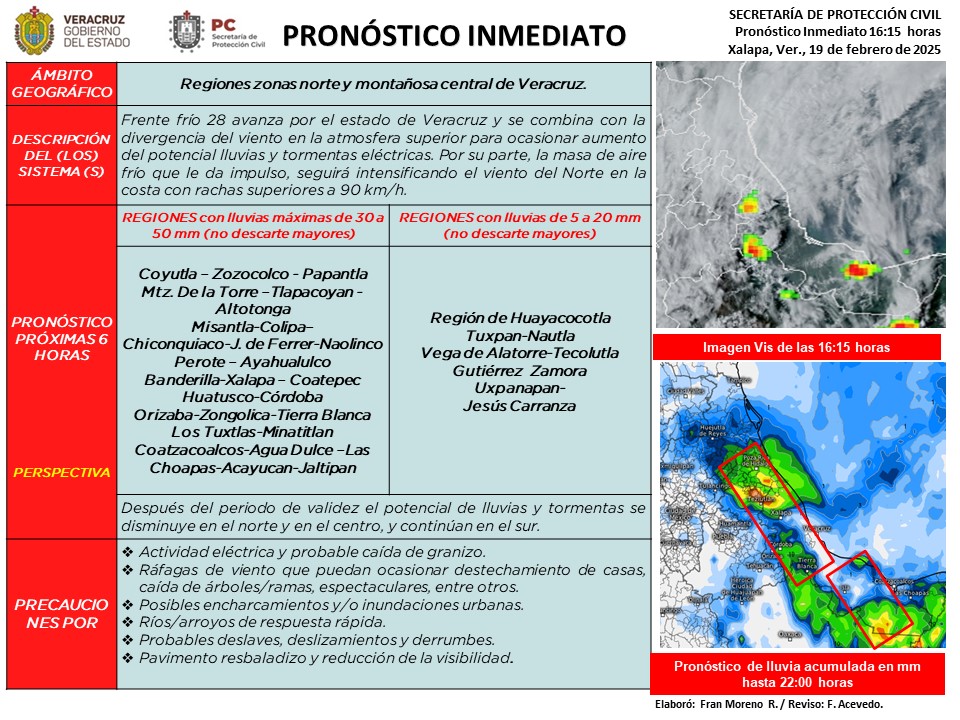 spcver_met's tweet photo. 16:25 h/19-feb-2025
#PronósticoInmediato
#FF28 avanza por el estado de Veracruz y  divergencia del viento en la atmósfera superior, ocasionan potencial lluvias y tormentas eléctricas. A la par, la masa de aire frío asociada, intensificará el Norte.
¡Extreme precauciones! https://t.co/SgPQGM2qO8
