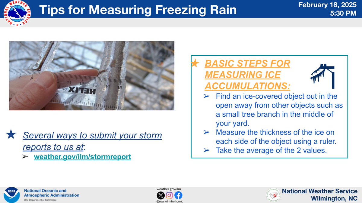 🥶Good eve SE NC &amp; NE SC! 
📏Here's some tips on measuring and reporting freezing rain accumulation to us. Even if you don't take a measurement you can report impacts such as slick roads. Thanks for all the reports so far!
💻weather.gov/ilm/stormreport 
#ncwx #scwx
