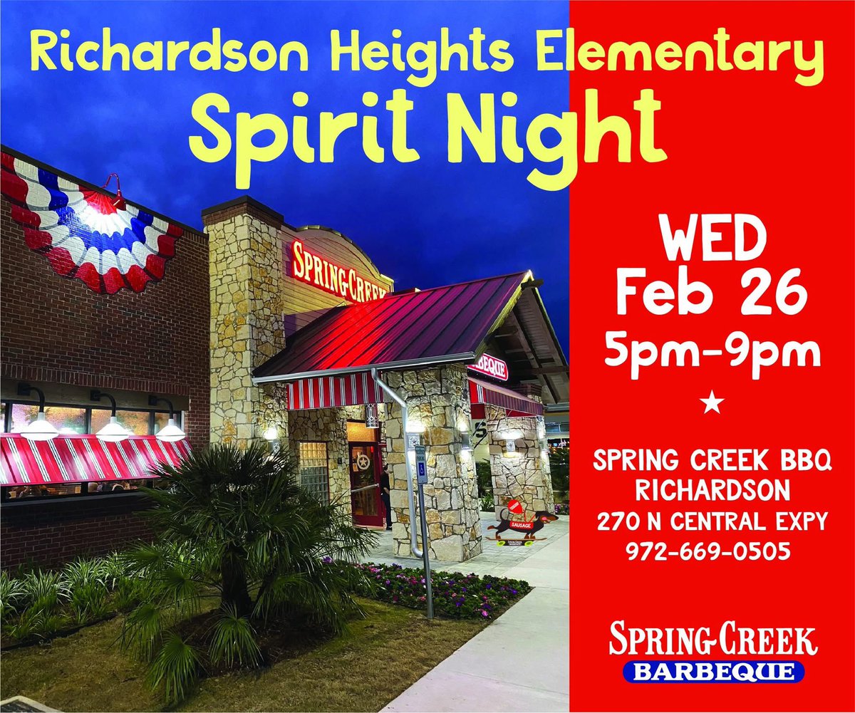 Richardson Heights Elementary (@rheightselem) on Twitter photo Join us at <a href="/SpringCreekBBQ/">SpringCreekBarbeque</a> in Richardson for our Spirit Night NEXT week! 😋 #RISDBeTheOne Join us at <a href="/SpringCreekBBQ/">SpringCreekBarbeque</a> in Richardson for our Spirit Night NEXT week! 😋 #RISDBeTheOne