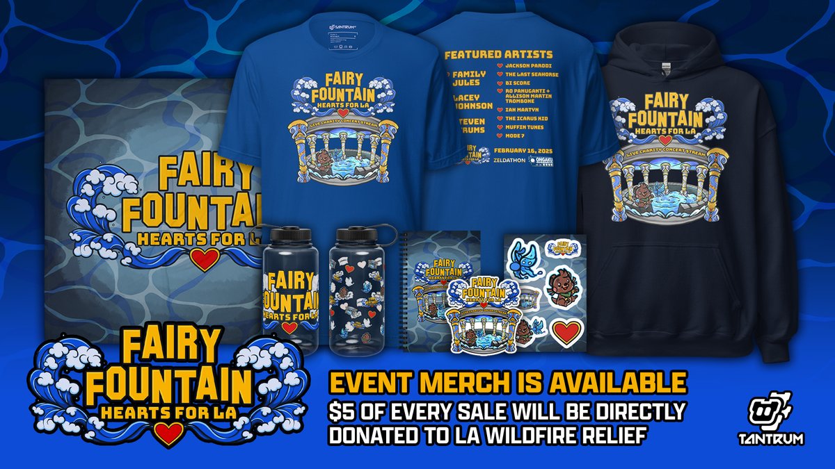 Last chance to get Fairy Fountain merch, from <a href="/tantrummerch/">TantrumMerch.com</a>! The store will close at 1am EST. They will donate $5 for every sale to our <a href="/tiltify/">Tiltify</a> campaign for LA Wildfire Relief.

Only FOUR sales away and we'd hit $8K raised! tantrummerch.com/ongaku-overdri…