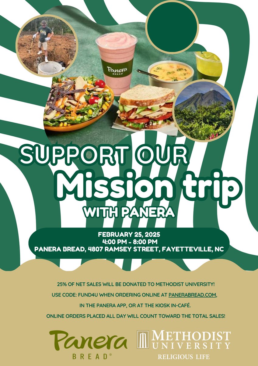 Enjoy Panera and help the Spring Break mission team meet their fundraising goal! The team will be serving at Costa Rica Mission Projects/Acts 1:8. Thank you!(online orders count all day!)