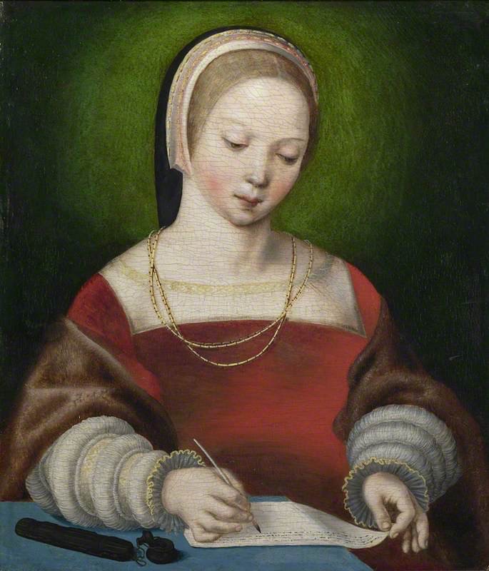 jdmccafferty's tweet image. A Girl Writing  after Jan van Hemessen, c.1500–c.1575  (The National Gallery, London)