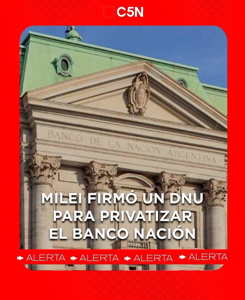 🟥 𝗔𝗟𝗘𝗥𝗧𝗔 | Milei firmó un DNU para privatizar el Banco Nación.

👉 Según anunció el vocero Manuel Adorni en redes sociales, el DNU transforma la entidad en una Sociedad Anónima.

Leé más: qrcd.org/8BFD