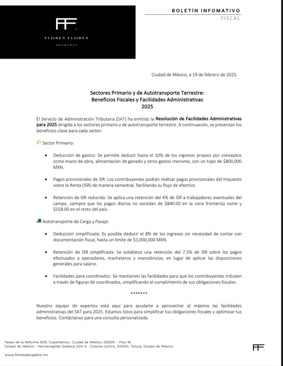FFAbogadosMX's tweet photo. 📢 Facilidades Administrativas 2025: Beneficios Clave para Transportistas y el Sector Primario . https://t.co/HIdmbdnsRl