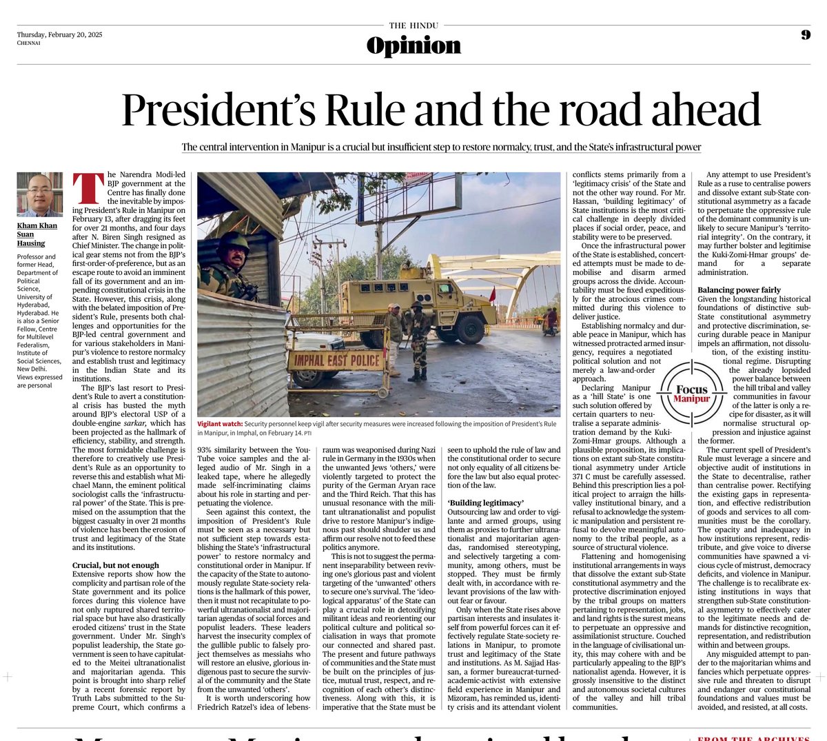In <a href="/the_hindu/">The Hindu</a> today I examine if President’s Rule in Manipur can leverage the BJP to politically resolve the mess it created in #Manipur to restore 'infrastructural power', build trust &amp; legitimacy of the Indian state thehindu.com/opinion/op-ed/…