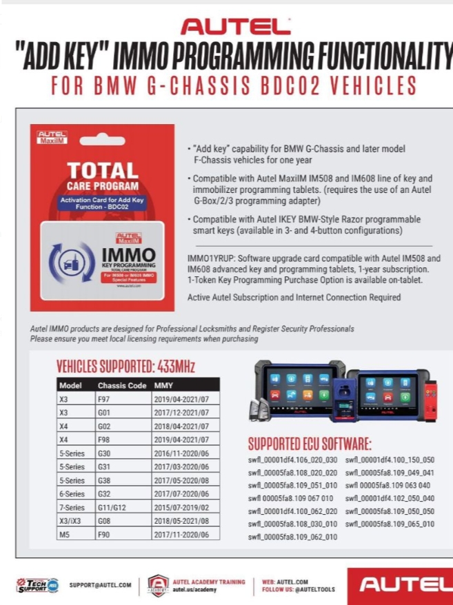 CardiagtoolUK's tweet image. 𝐁𝐌𝐖 𝐆-𝐂𝐡𝐚𝐬𝐬𝐢𝐬 𝐁𝐃𝐂𝟐 𝐀𝐝𝐝 𝐊𝐞𝐲 Function Coming Soon 📣📣📣
✨Available on IM508/ IM608 Series
✨Work with BMW-style 3-/4-Button IKEY 
✨G-box Required
Details: cardiagtool.co.uk/autel-immo1yru…
#Autel #im508 #IM608 #BMWGseries #IKEY #autelikey #gbox
