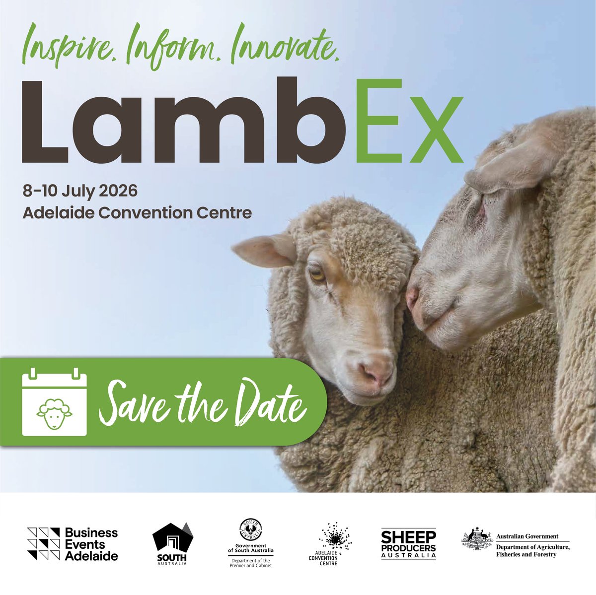 SAVE THE DATE! After a record breaking attendance at LambEx 2024, we are now gearing up for LambEx 2026. Dates and venue for Australia's biggest sheep industry conference were announced today. It will be 8-10 July next year at the Adelaide Convention Centre. Put it in your diary!