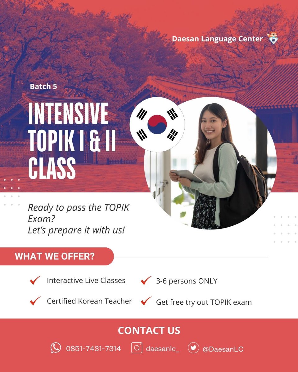 DaesanLC's tweet photo. Sebentar lagi kita open Intensive TOPIK I &amp; II Preparation Class Batch 5 nih!! Yuk, persiapin diri kamu untuk lulus TOPIK tahun ini 😉 https://t.co/lj9ju0AzYz