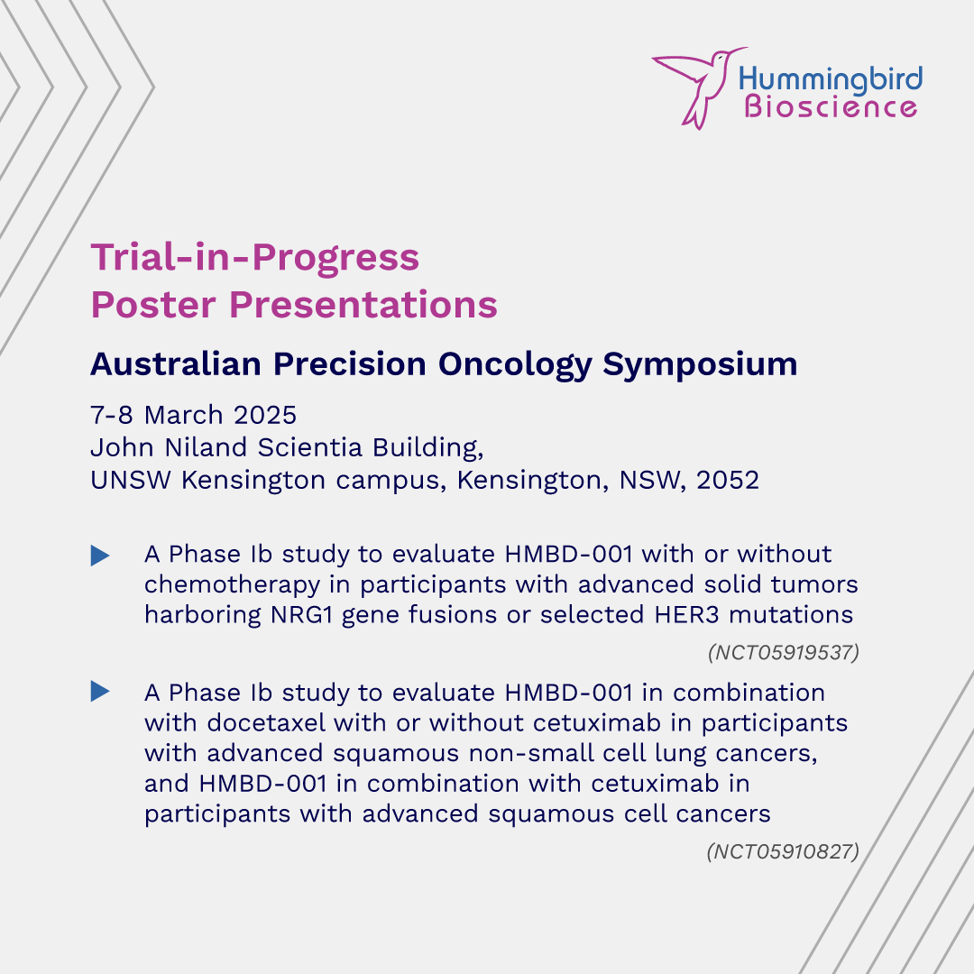Hummingbird Bioscience (@hummingbirdbio) on Twitter photo Hummingbird Bioscience will be sharing Trial-in-Progress posters for HMBD-001 trials NCT05919537 and NCT05910827 at #AustralianPrecisionOncologySymposium2025 #APOS25 #PrecisionOncology <a href="/OmicoAustralia/">Omico Australia</a> Hummingbird Bioscience will be sharing Trial-in-Progress posters for HMBD-001 trials NCT05919537 and NCT05910827 at #AustralianPrecisionOncologySymposium2025 #APOS25 #PrecisionOncology <a href="/OmicoAustralia/">Omico Australia</a>