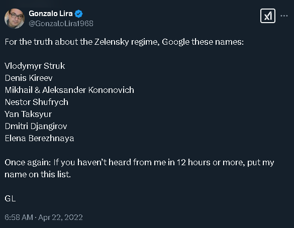 I was the last person Gonzalo Lira called before he got arrested and died at the hands of the Ukrainian war regime.

He sent me a direct message and we went into a zoom call. He was in a small room, extremely nervous, smoking one cigarette after the other. I had never seen so
