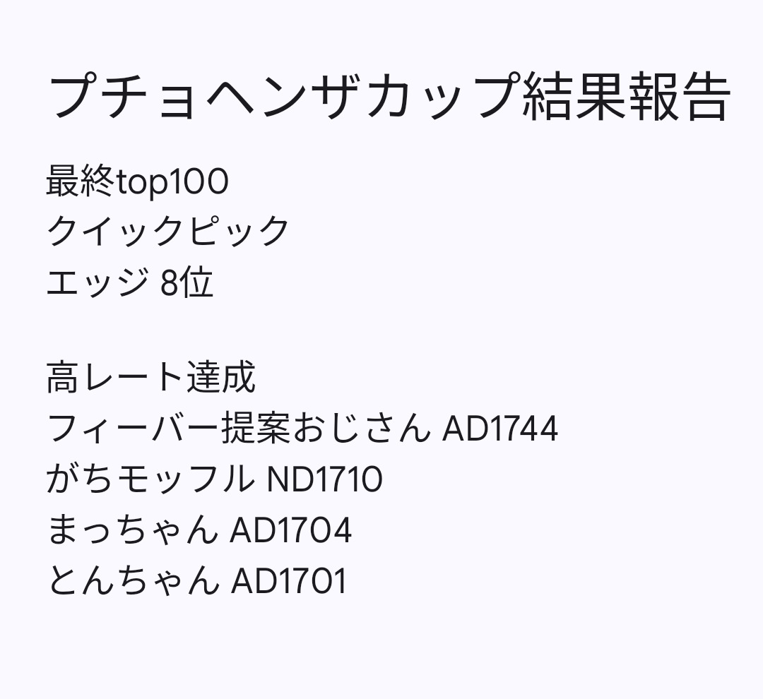 プチョヘンザカップお疲れ様でした。遅くなりましたが前期の結果報告になります‼️高レートの最高はフィーバー提案おじさんの1744でした。今期も楽しんでいきましょう👍