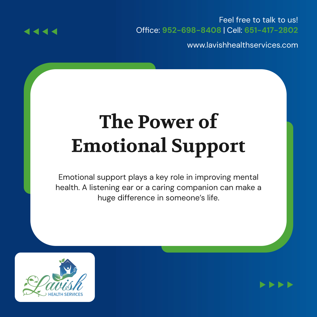 lavishhealthSer's tweet image. Providing emotional support can alleviate feelings of loneliness and stress, especially for those struggling with mental health issues. Let’s be there for each other. 

#EmotionalSuppor #StLouisParkMN #HomeAndCommunityBasedServices