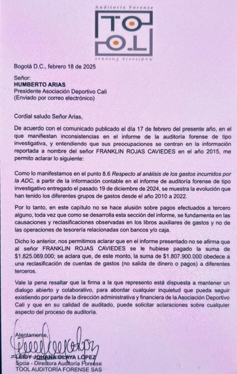 TOOL auditoría forense en comunicación dirigida a Humberto Arias actual presidente de <a href="/AsoDeporCali/">Deportivo Cali</a> responde al comunicado emitido por el club el lunes en la tarde