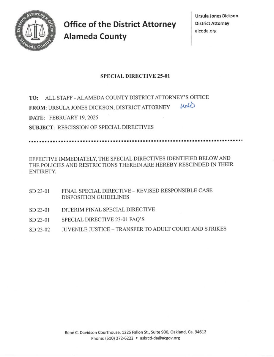 AlCo's new DA hits the ground running by rescinding a handful of ousted DA Price's policies on day 1 including a provision that required prosecutors to seek approval before adding certain enhancements to charges including gun enhancements. More on kpix.com <a href="/KPIXtv/">CBS News Bay Area</a>
