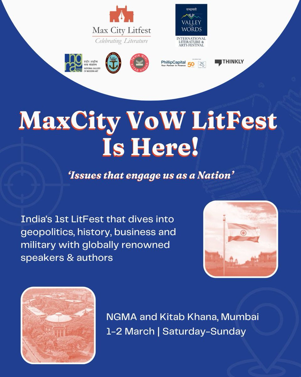 Srikant Kesnur (@srikantkesnur) on Twitter photo Event Alert,
Folks, this special episode of #MaritimeConversations announces an unique event in Mumbai - The #MaxCityVoWLitfest at
<a href="/mumbai_ngma/">NGMA Mumbai</a>
& <a href="/KitabKhanaBooks/">Kitab Khana</a> both in Fort, on 01 & 02 March 25.
This Litfest focuses on Geopolitics, Strategy, Maritime & Military issues, Event Alert,
Folks, this special episode of #MaritimeConversations announces an unique event in Mumbai - The #MaxCityVoWLitfest at
<a href="/mumbai_ngma/">NGMA Mumbai</a>
& <a href="/KitabKhanaBooks/">Kitab Khana</a> both in Fort, on 01 & 02 March 25.
This Litfest focuses on Geopolitics, Strategy, Maritime & Military issues,