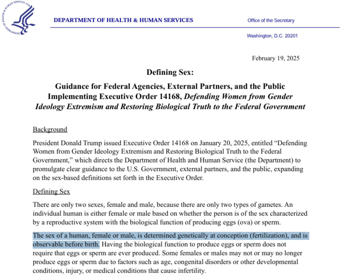 StudentsforLife's tweet photo. BREAKING: @HHSGov Puts out a Scientific Statement Confirming Human Life Begins at Conception. 

"The sex of a human, female or male, is determined genetically at conception (fertilization), and is observable before birth." https://t.co/3LoSXh3HDM