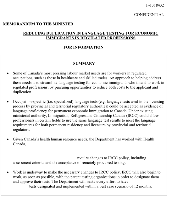 smeurrens's tweet photo. June 2024 IRCC Memorandum to the Minister on reducing dupilication in language testing for economic immigrants in regulated professions, with the goal being that immigrants won't have to take multiple language tests. 

It is anticipated that the process will take 18 - 24 months. https://t.co/l2ljJJ9r8W