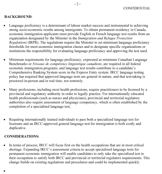smeurrens's tweet photo. June 2024 IRCC Memorandum to the Minister on reducing dupilication in language testing for economic immigrants in regulated professions, with the goal being that immigrants won't have to take multiple language tests. 

It is anticipated that the process will take 18 - 24 months. https://t.co/l2ljJJ9r8W