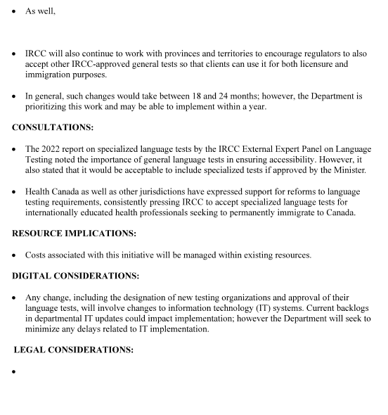 smeurrens's tweet photo. June 2024 IRCC Memorandum to the Minister on reducing dupilication in language testing for economic immigrants in regulated professions, with the goal being that immigrants won't have to take multiple language tests. 

It is anticipated that the process will take 18 - 24 months. https://t.co/l2ljJJ9r8W