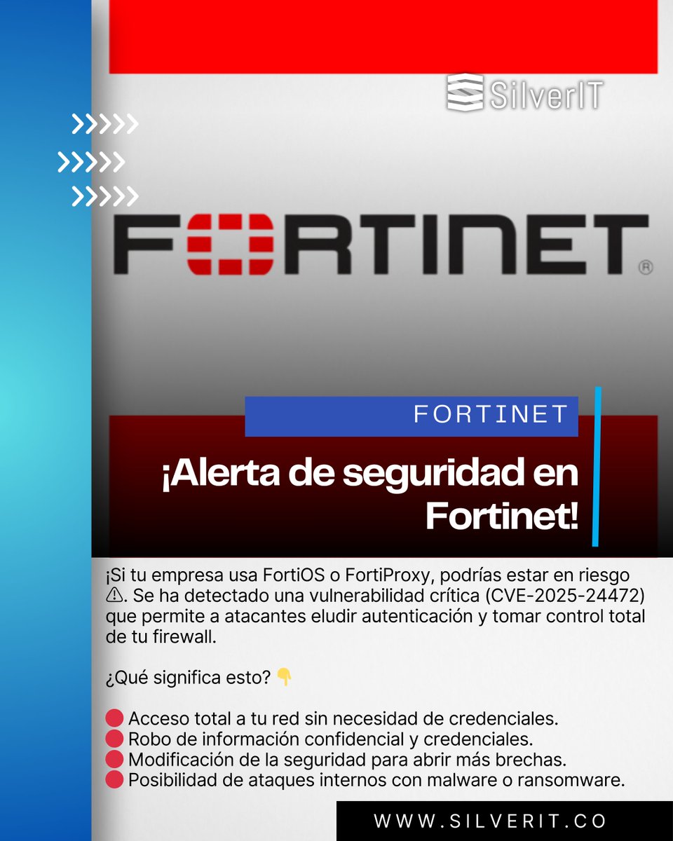 SilverIT_'s tweet photo. ¡Alerta de seguridad en Fortinet! 🚨

Si tu empresa usa FortiOS o FortiProxy, podrías estar en riesgo . Se ha detectado una vulnerabilidad crítica que permite a atacantes eludir autenticación y tomar control total de tu firewall.

#Ciberseguridad #Fortinet #SeguridadInformática https://t.co/xPYff5Qzob