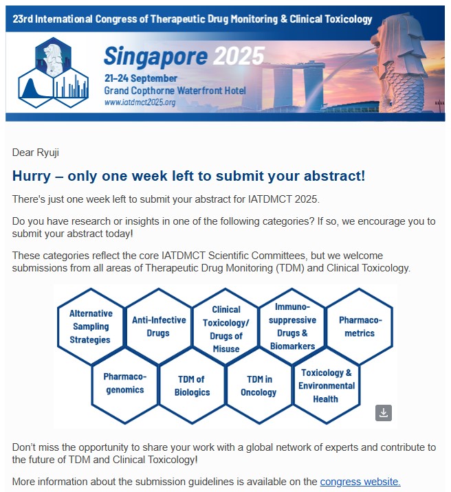 Hurry – only one week left to submit your abstract!
There's just one week left to submit your abstract for IATDMCT 2025.

Abstract submission: iatdmct2025.org/abstract-submi…
Registration:
iatdmct2025.org/register/?utm_…

＃IATDMCT2025